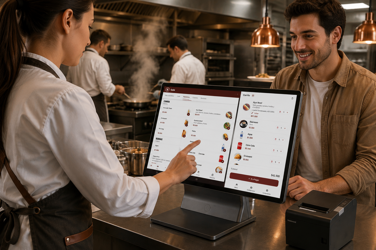 Empleado tomando un pedido junto a un cliente en el mostrador