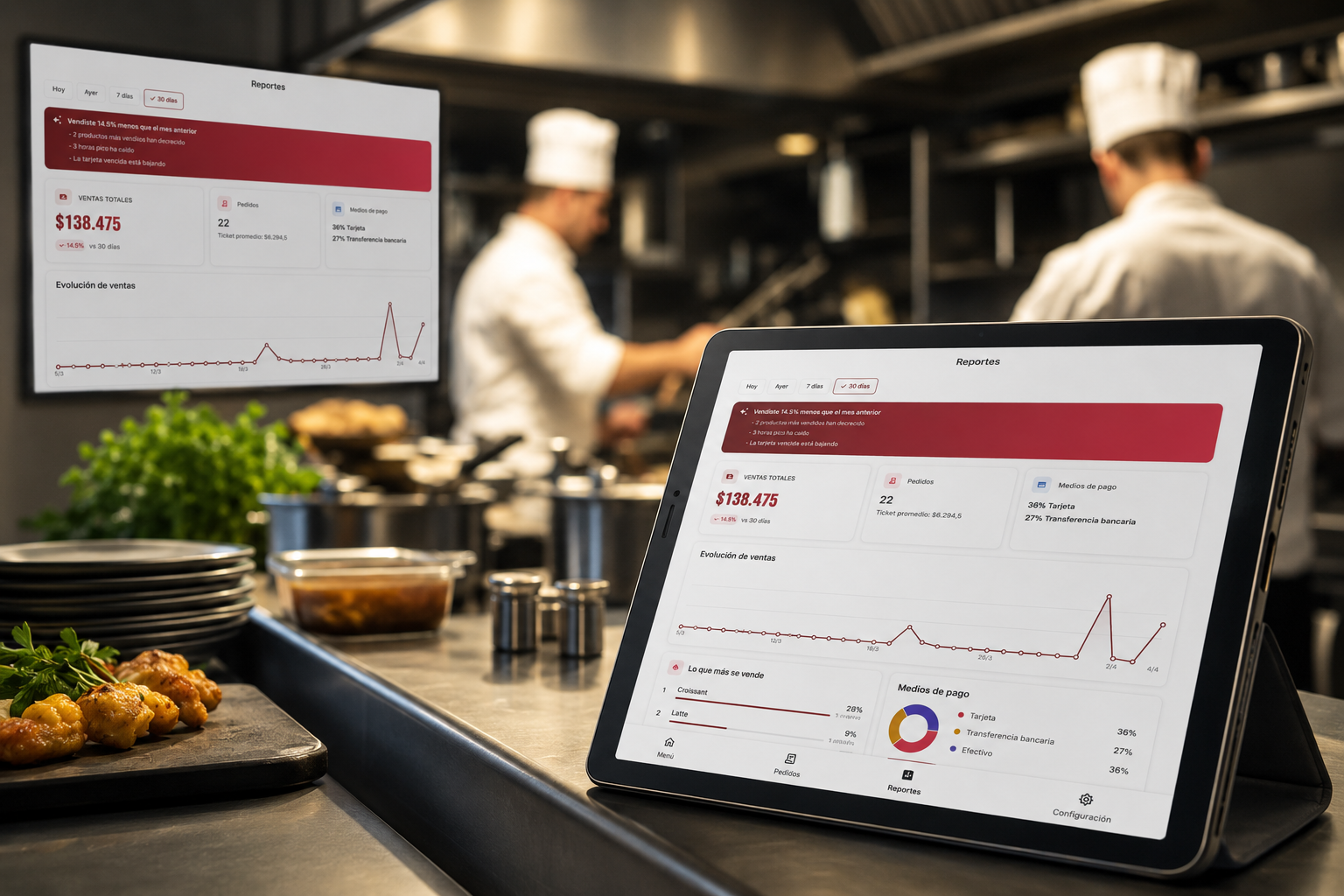 Pantalla de reportes de Gula mostrando ventas y horarios pico, en una tablet dentro de una cocina