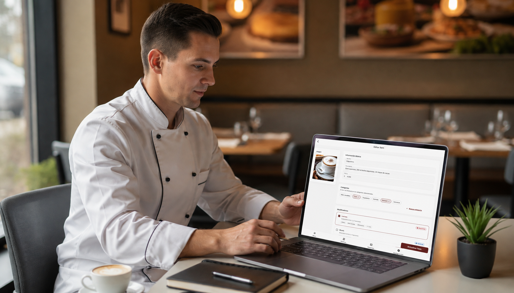 Dueño de un local cargando un producto del menú desde su laptop